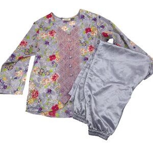 Vintage Victorias Secret Satin Floral Pajama Set With Lace Details lavender